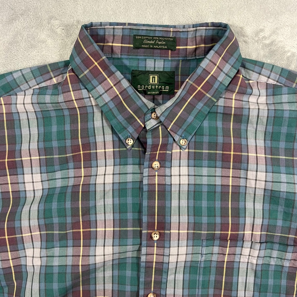 Vintage NORDSTROM Button Down Shirt Mens XL Plaid Green Blue‎ Poplin LS 90s Y2K